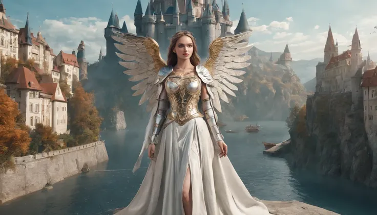 Full body shot, wide view, an Avenging Angel, female, wearing medieval armor, she has large wings and can fly, she floats in the air, in front of a fantasy castle with a river and a boat, fantasy city background, beautiful art uhd 4 k, 4k fantasy art, high...