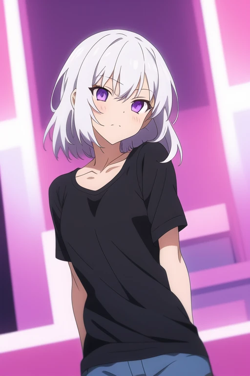 girl white hair purple eyes anime black shirt