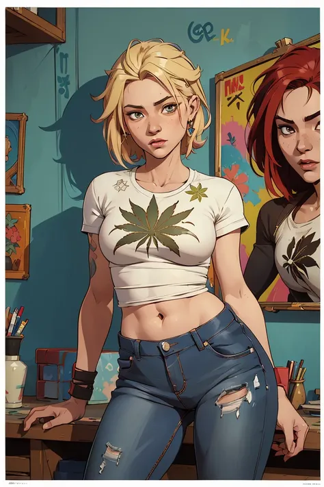 Background, mixed-language_SMS, Japanese letters in graffit, (beautiful and clear background:1.2),, fantastic paintings ,graffit style, olhos altamente detalhados , a white t-shir, blonde girl, cannabis print, marijuana tattoo, Loving, Love, ultra detailed...