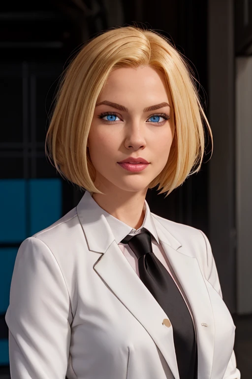 masterpiece, high quality, best quality, realistic, fine detail, black suit, black necktie, MIBSuit, white shirt, Black Suit, Black Jacket Coat, Formal Look, large breasts, (muscular female:0.8), portrait, upper body, blank background, Agent L, blue eyes, ...