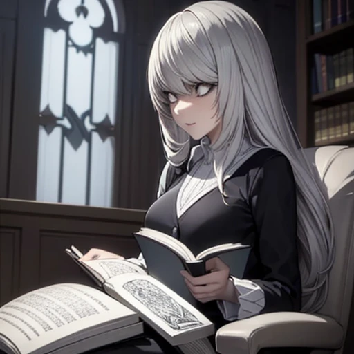 8k, Mouthpiece, ((One beautiful woman)),((Death Note Drawing)), Almost solo, ((One beautiful woman)), ((Iris)), Gray Hair, Long Hair, Reading a book