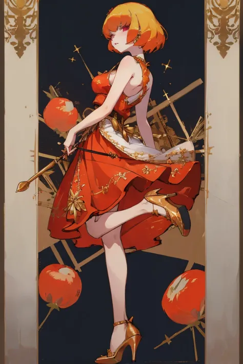 ((highest quality)), ((masterpiece)), (be familiar with),Clementine,Overload,nsfw,Sleeveless dress,Gold embroidery,High heels,Fascinating,Long skirt