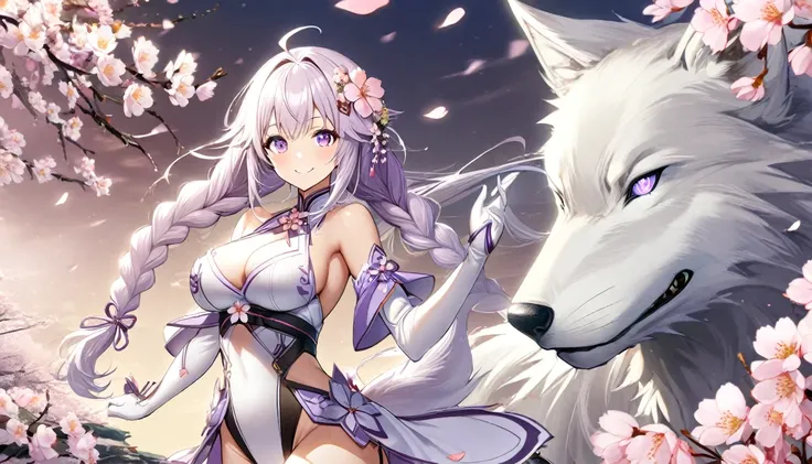 1girl,braid,ahoge,long hair,flower, hair ornament, cherry blossoms, hair flower, wolf, white fur, petals, twin braids,  smile, purple eye,gloves, breasts,large breasts,elbow gloves,white gloves, bangs, bare shoulders,leotard,