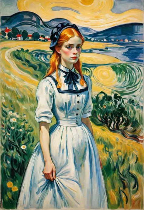 maid outfit, by edvard munch, best quality, masterpiece, very aesthetic, perfect composition, intricate details, ultra-detailed