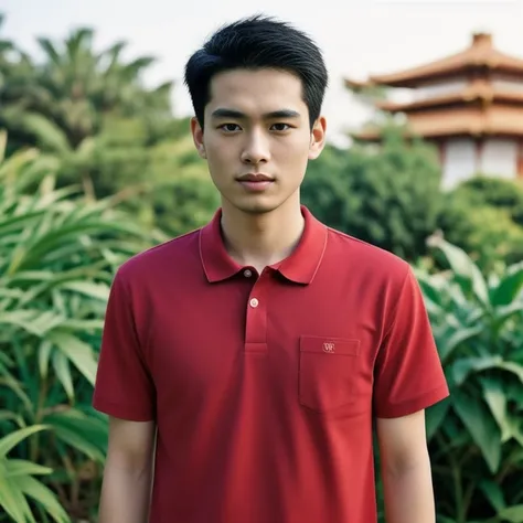 arafed man in black shirt standing in front of a pagoda, wearing a polo shirt, Asian man, light stubble with black shirt สวมชุดทางการสีดำ, Damian Tran, wearing black, Handsome Chad Chin, black shirt, Asian people, Christopher Chao, A well-maintained model,...