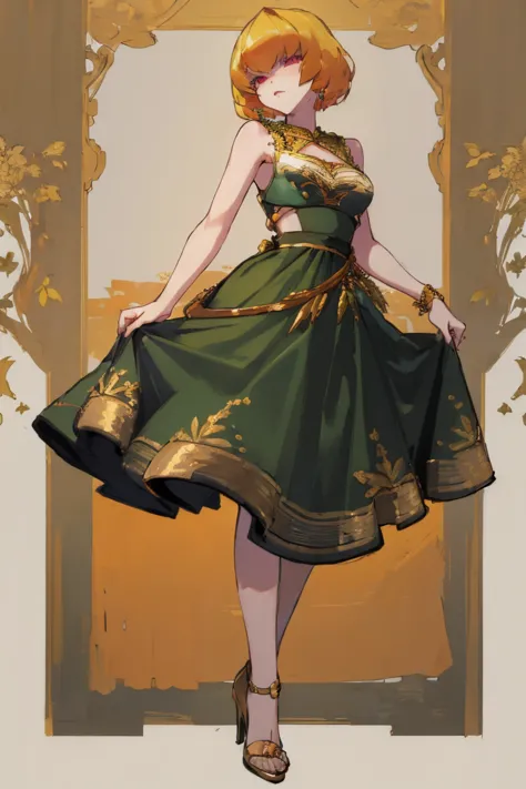 ((highest quality)), ((masterpiece)), (be familiar with),clementine,overload,nsfw,sleeveless dress,gorgeous green dress,gold emb...