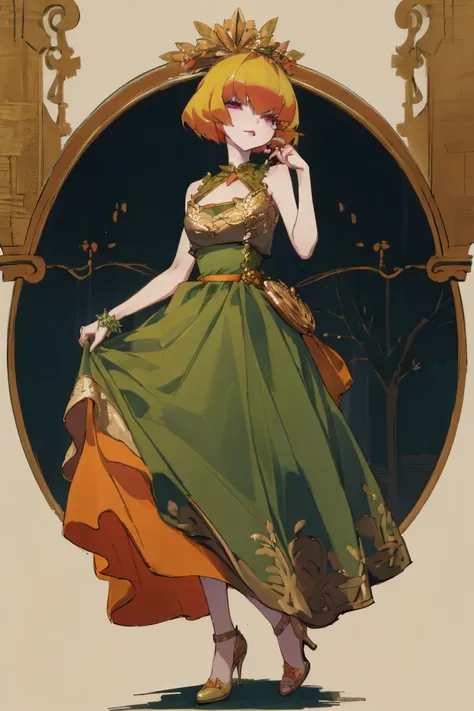 ((highest quality)), ((masterpiece)), (be familiar with),clementine,overload,nsfw,sleeveless dress,gorgeous green dress,gold emb...