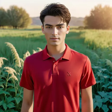 arafed man in a red shirt standing in a field of green plants, light stubble with red shirt, in a high-resolution field, Inspired by Rudy Sisvanto, red shirt, background artwork, Soft portrait 8 k, semi-realistic rendering, Realistic scenes, Realistic pict...