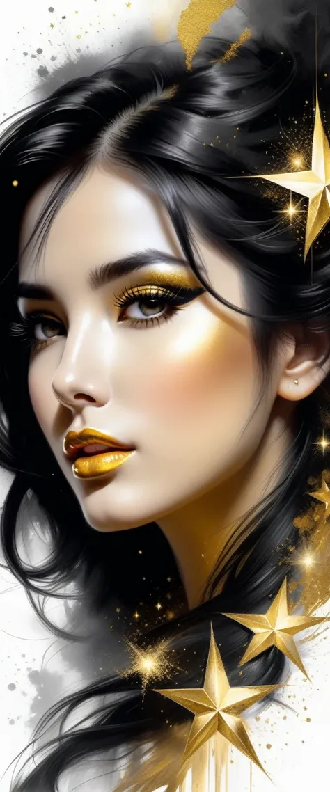 Gorgeous and hot Female face drawing with charcoal, long black hair, Pino Daeni style.
golden patterns, golden and black spirit, liquid gold explosion, golden smoke magic, star dust, golden milky way, black background, magic fog, alcohol ink,