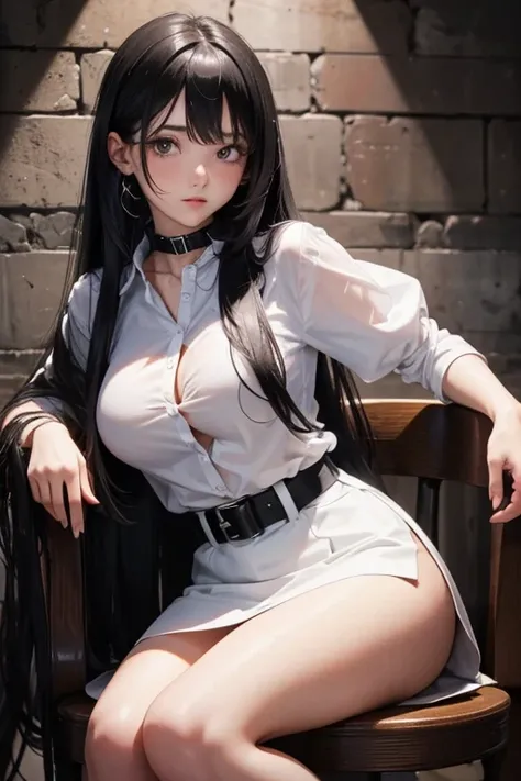 25 year old girl, Italian features, long loose black hair, super mega gigantic breasts, white shirt, black miniskirt, in the dungeon, tied to a torture chair, wearing a slave collar