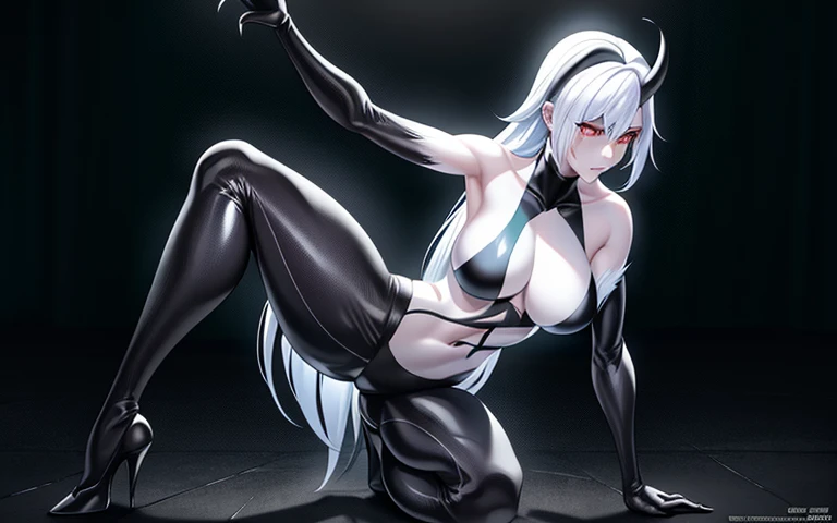 ghost spider, Gwen Venom symbiote outfit, Torn clothes that look organic, showing a lot of skin, Sensual open legs, half naked, (return), very long, Realistic silver hair, return, symbiote, surreal, Fine art, PS5 movie screenshots, Highly detailed cinemati...