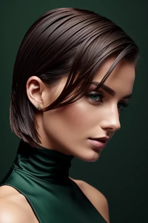 Gorgeous european woman with very short straight hair, short hair, wet hair, hair slicked back, combed straight back, slick hair, auburn hair, wearing a green dress, solid dark black background