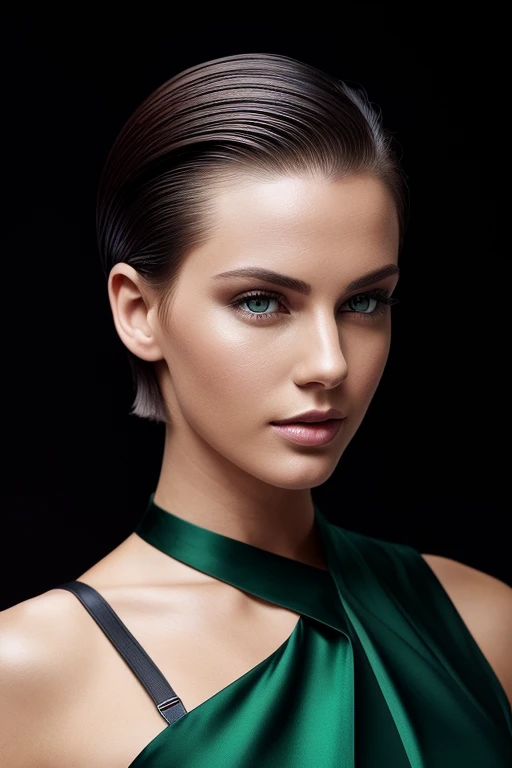 Gorgeous european woman with very short straight hair, short hair, wet hair, hair slicked back, combed straight back, slick hair, auburn hair, wearing a green dress, solid dark black background