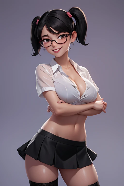 young girl, thin waist, round breasts, very large buttocks, very short mini skirt, school dress, wearing black garters, tight short shirt (very wet), crouched showing her tail, sexy, hot, black hair with two long pigtails, perfect face with glasses (smile,...