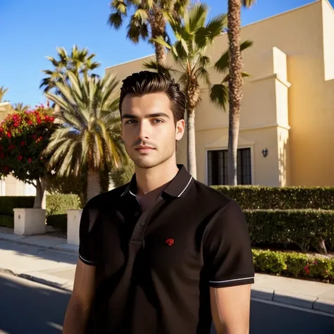 A man wearing a red shirt stands in front of a palm tree., Light stubble with a red shirt, Christian Orrillo, Avatar, headshot Profile pictureture, Alex Miranda, Michael, professional Profile pictureture, Andres Rios, Profile picture, David Marquez, wearin...