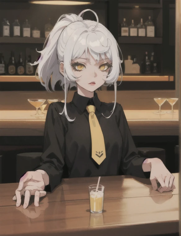 masterpiece, best quality, upper body, 1girl, white hair, yellow eyes, detailed eyes, half-closed eyes, shaded face, black necktie, medium breasts, collared shirt, black pants, sitting, elbow rest, (in a bar)