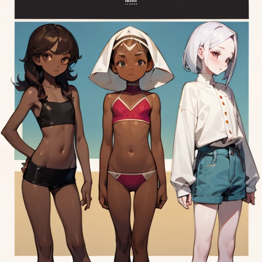 3 girls, 1 girl has pale skin, 1 girl has tanned skin, 1 girl has brown skin