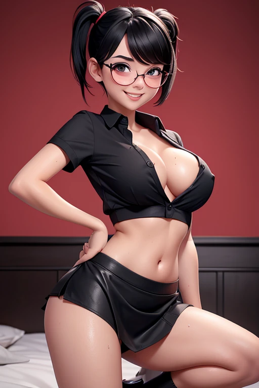 young girl perspiration, thin waist, round breasts, very large buttocks, very short mini skirt, school dress, wearing black garters, tight short shirt (very wet), crouched showing her tail, sexy, hot, black hair with two long pigtails, perfect face with gl...