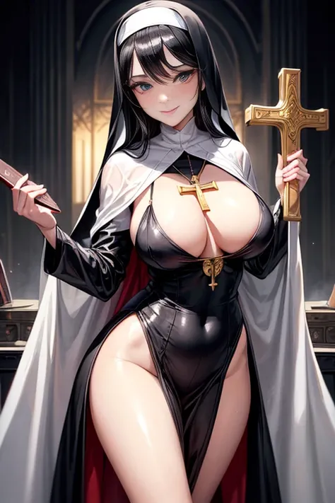 sexy nun,cross on her tits,bible in her hands,illustration,seductive pose,charming smile,beautiful detailed eyes,intense gaze,soft lips,long eyelashes,shiny black hair,rosy cheeks,fair skin,flowing robe,golden cross pendant,soft lighting,vivid colors