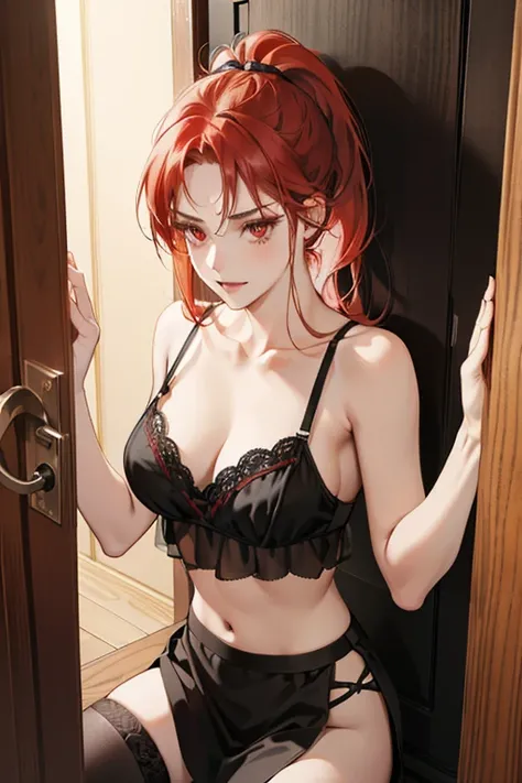 red hair ponytail woman, red eyes,looking seductively behind, black detalied lingerie, siting with (((hands and body pressed on a wooden door))) in a simple room, 