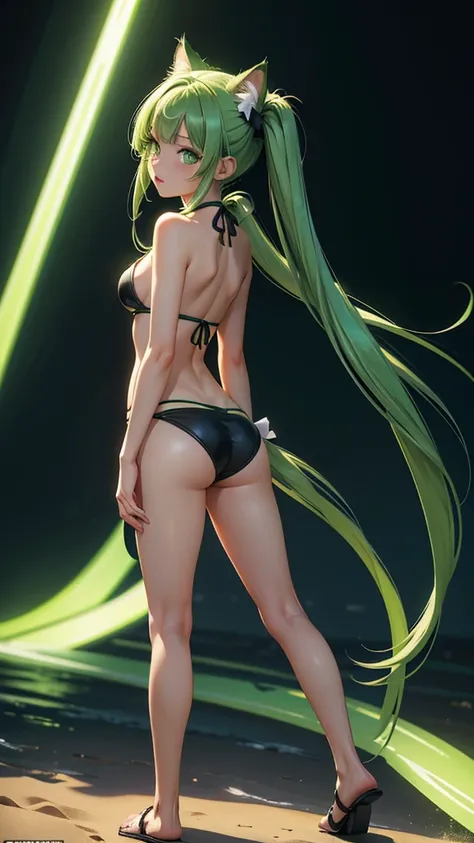 (high resolution, full body, soft skin:1.2, green twin tail),(best illustration,masterpiece:1.2),ultra-detailed,[(cat ears , green inside:1.2, green eyes),vivid colors,sharp focus,portrait,studio lighting,bokeh, wearing a 2 piece black bikini, midnight bea...