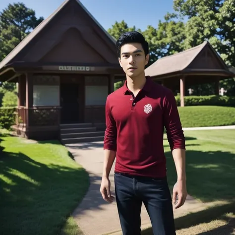 arafed man in a red shirt standing in front of a gazebo, Asian man, light stubble with red shirt, wearing a polo shirt, Heart emblem on the chest, Kaio Santos, red shirt, Wlop และ Ross Tran, Handsome Chad Chin, model, CCG artist, handsome man, Inspired by ...