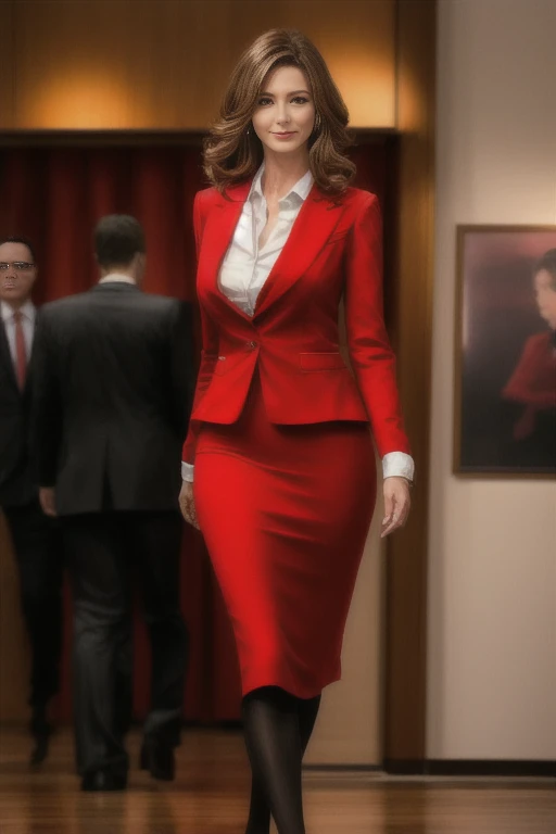 woman、American、35歳のwoman教師、Cowboy Shot、A beautiful woman with a slender figure、Red business suit with knee-length pencil skirt and deep slit in front、Walk towards the viewer、Watching the audience。smile、Anatomically correct body