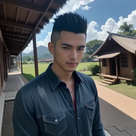 arafed man in a red shirt standing in front of a gazebo, Asian man, light stubble with red shirt, wearing a polo shirt, Heart emblem on the chest, Kaio Santos, red shirt, Wlop และ Ross Tran, Handsome Chad Chin, model, CCG artist, handsome man, Inspired by ...