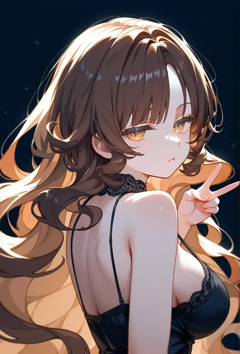 masterpiece, Score_9, Score_8_up, Score_7_up, rear view, 1 woman, alone, brown hair, long curly hair, split bangs, honey eyes, half-closed eyes, parted lips, expressionless, pale skin, large breasts, upper body, Black nightdress with V-neckline, black back...