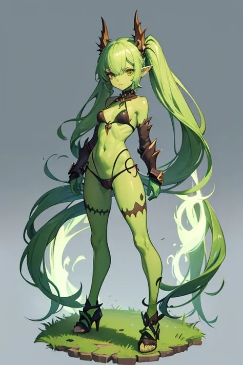 monster girl, goblin female, small girl, shortstack, wide hips, pointy ears, full body, standing, revealing clothes, green skin,, twintails hairstyle, bikini armor