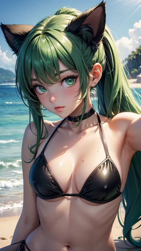 (high resolution, upper body, soft skin:1.2, green twin tail),(best illustration,masterpiece:1.2),ultra-detailed,[(cat ears , green inside:1.2, green eyes),vivid colors,sharp focus,portrait,studio lighting,bokeh, wearing a 2 piece black bikini, midnight be...