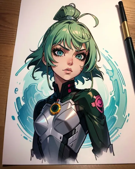 (masterpiece:1.2),(best quality:1.2),(high resolution:1.2)
 CyberJudy, 1girl, solo, asymmetrical hair, green hair, pink hair, brown eyes, tattoo,  ilya kuvshinov, artgerm