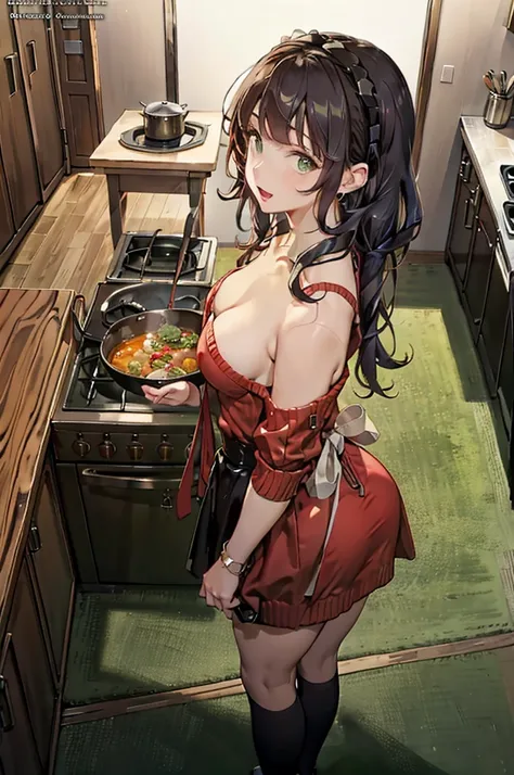 (small breasts:1.2), (perky chest:1.1), (pointed chest:1.0), (cooking magazine cover:1.3)，(from above:1.2),(from side:0.9),masterpiece, 1girl, Amazing Cleavage:1.1, thin waist, big ass, Raised sexy, small breast: 1.2, posed cleavage:1.2、solo, open mouth, h...