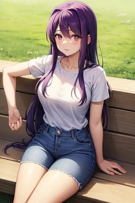 Yuri ddlc, purple hair,wearing jeans shorts, white blouse  , anime style, showing the back 3/4, on a field, next to sit o a girl face