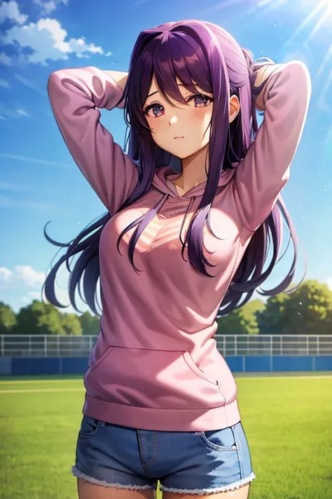 Yuri ddlc, purple hair, wearing jeans shorts, wearing pink hoodie , anime style, showing the back 3/4, on a field, leaning forwar