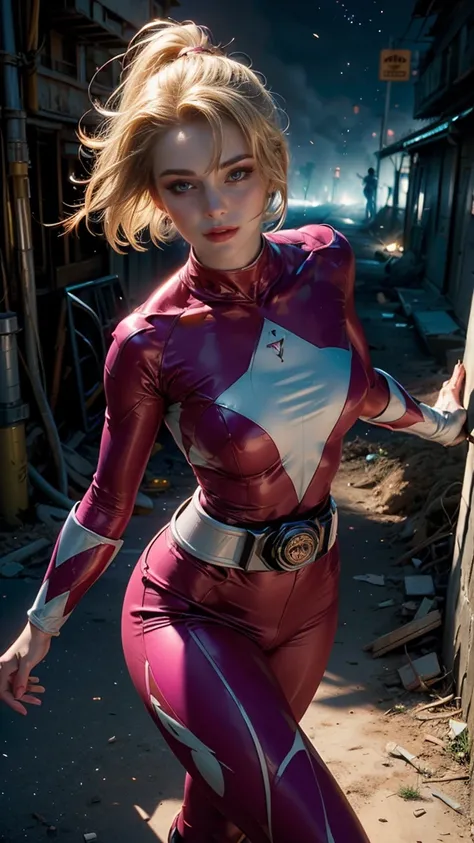 desde arriba, Una imagen Hyperrealista, ((Sexy power ranger, short blonde hair, beautiful eyes, pale body, neckline, dynamic view, without helmet, running into the battle with aliens, animal zorg on his back. light energy particles, power ranger sensual su...