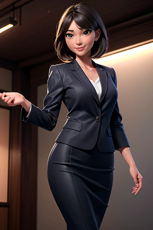 woman、Japanese、35歳のwoman教師、Cowboy Shot、slim、Beauty、Well-groomed face、Gray business suit with knee-length pencil skirt、Walk towards the viewer、Watching the audience。Right hand outstretched、smile、Anatomically correct body