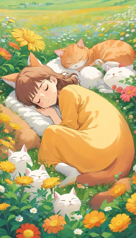 A girl sleeping on a field of flowers with lots of cats sleeping around her