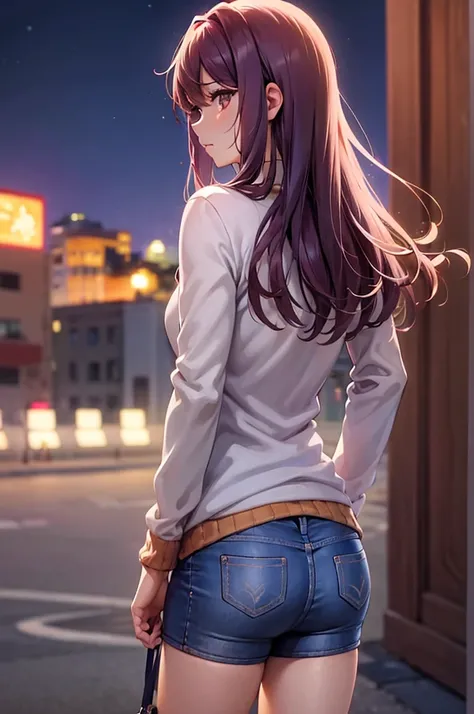 (obra maestra, mejor calidad: 1.2), tiro de vaquero, solo, 1 chica, yuri ddlc, anime screencap, ciudad, pelo largo, pelo morado, ojos morados, Mirando al espectador, libidinoso, boca cerrada, es, Caderas anchas, hoddie blanca, shorts cortos, pantalones cor...