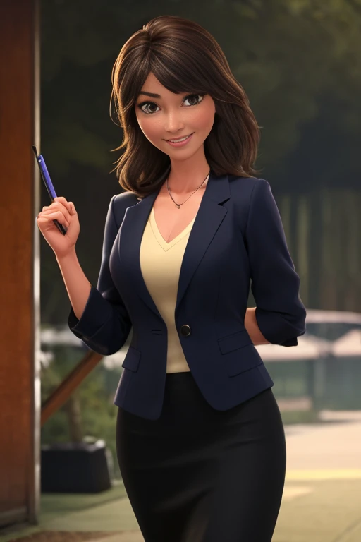 woman、Japanese、35歳のwoman教師、Cowboy Shot、slim、Beauty、Well-groomed face、Business suit with knee-length pencil skirt、Walk towards the viewer、Watching the audience。In the background is the school gate.、smile、Anatomically correct body