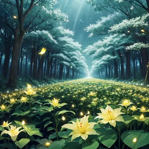 Night road through a forest filled with lilies of the valley field and fireflies at night。 There is no one