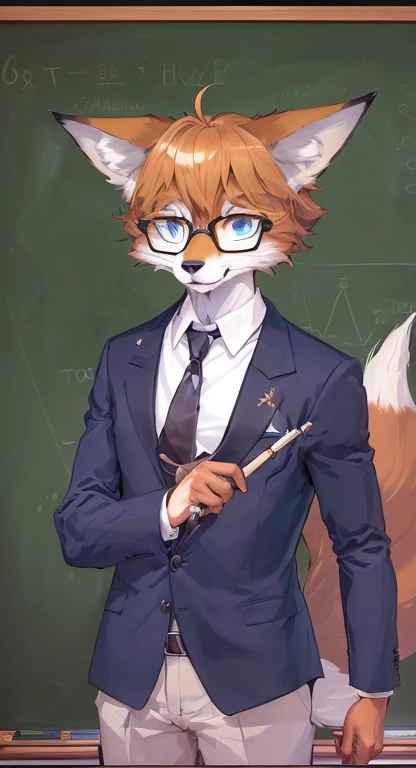 Cartoon character wearing a suit and tie standing in front of a blackboard, Fox House, professional furry, portrait of human fox, stern looking Fox in lab coat, Furry Artist, Fox Tonic, human fox, animal art, Fox in lab coat, From the mystical world of aca...