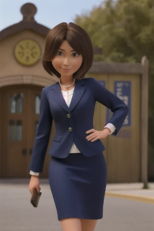 woman、１people、45歳のwoman教師、Cowboy Shot、slim、美people、Well-groomed face、Business suit with knee-length pencil skirt、Walk towards the viewer、Watching the audience。In the background is the school gate.、smile、Anatomically correct body