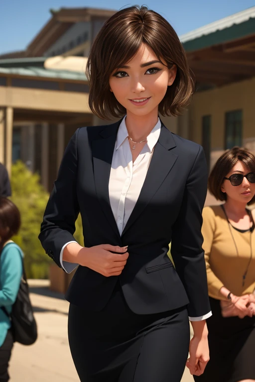 woman、１people、45歳のwoman教師、Cowboy Shot、slim、美people、Well-groomed face、Business suit with knee-length pencil skirt、Walk towards the viewer、Watching the audience。In the background is the school gate.、smile、Anatomically correct body