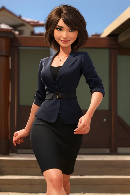 woman、１people、45歳のwoman教師、Cowboy Shot、slim、美people、Well-groomed face、Business suit with knee-length pencil skirt、Walk towards the viewer、Watching the audience。In the background is the school gate.、smile、Anatomically correct body