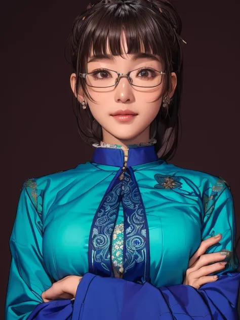 smiling、looking at the camera、Upper Body、Angle from a little below, UHD, accurate, masterpiece, anatomically correct, textured skin, high details, high quality, 8k、a close up of a woman Wearing glasses and a blue top, Wearing glasses, Japanese Goddess, Wea...