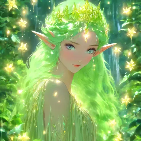 Elf, green hair, beautiful hairstyle, luxurious crown, delicate dress, in a green forest, with beautiful flowers and shiny dew, unearthly beauty, Galadriel, a beautiful fantasy painting., inspired by Nene Thomas, an unearthly fairy tale inspired by Edward ...