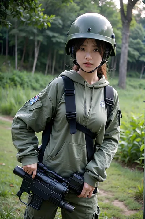 score_9, score_8_up, score_7_up, rating_safe, A tall woman with a generous breast, military clothing with ballistic protections, camouflage clothes are Green and brown colors, she has a large military backpack, a helmet that covers the face, under the helm...