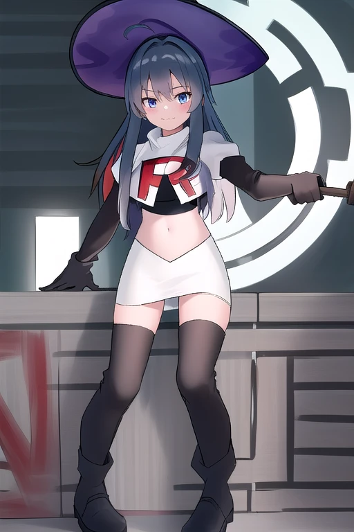 best quality, highly detailed, masterpiece, ultra-detailed, witch_hat, hat, 1girl, long_hair, solo, team rocket,team rocket uniform,white skirt,red letter R,crop top,black thigh-highs,black elbow gloves,looking_at_viewer, witch,