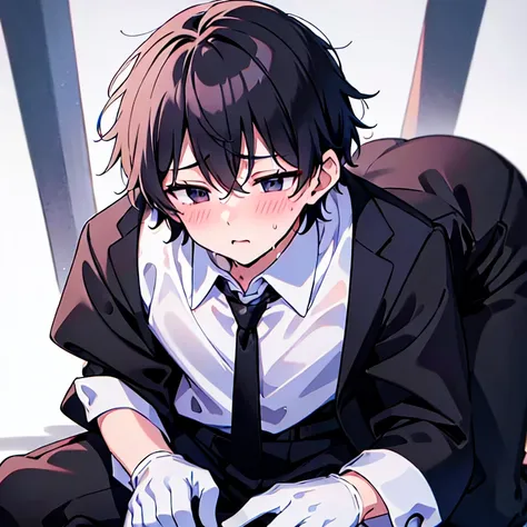 16-year-old boy，cute，Wear a white long-sleeved shirt and a black work tie，Wear black pants，Wear black booties，Wear white gloves，Black hair，Black eyes，blush，sweat，shy，Slobber，little porn，Close-up photo